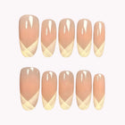 Giselle’s Satin Cross: nude almond press-on nails with ivory crisscross French tips, set arranged on a pale background.