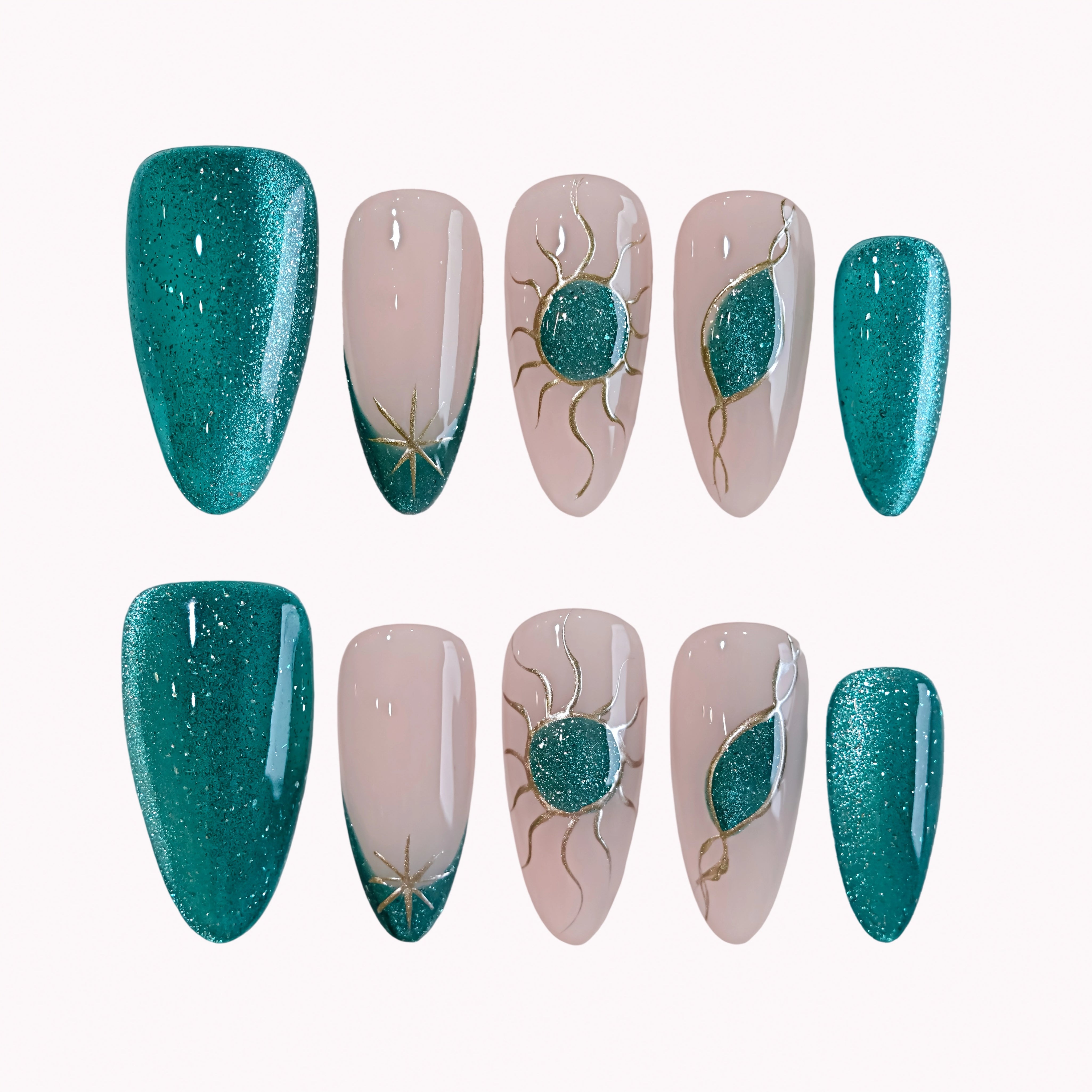 Emerald Solar Veil press-on nails in teal, nude, and gold with glitter, sun motifs, crescent accents, and star details