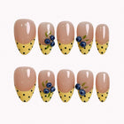 Blueberry Dot Picnic press-on nails in nude, yellow, black, blue, and green with polka dot French tips and 3D blueberry details