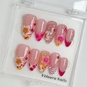 Sunset Petal Carnival press-on nails in Pink, Orange, Red, Gold, detail view 1