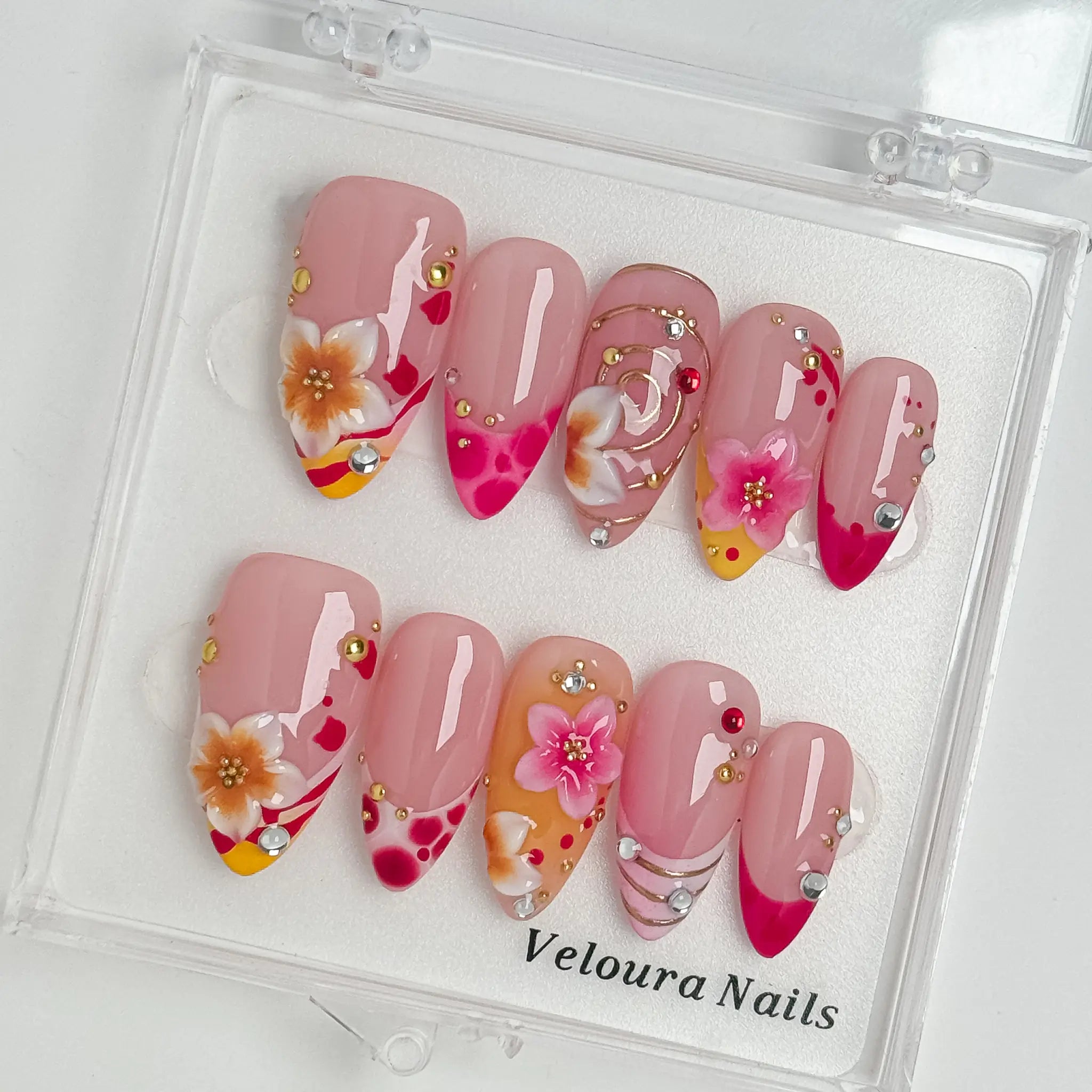 Sunset Petal Carnival press-on nails in Pink, Orange, Red, Gold, detail view 1