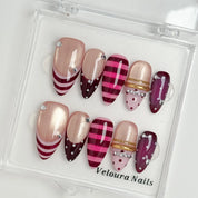 Berry Ribbon Gala press-on nails in Pink, Red, Nude, Silver, detail view 4