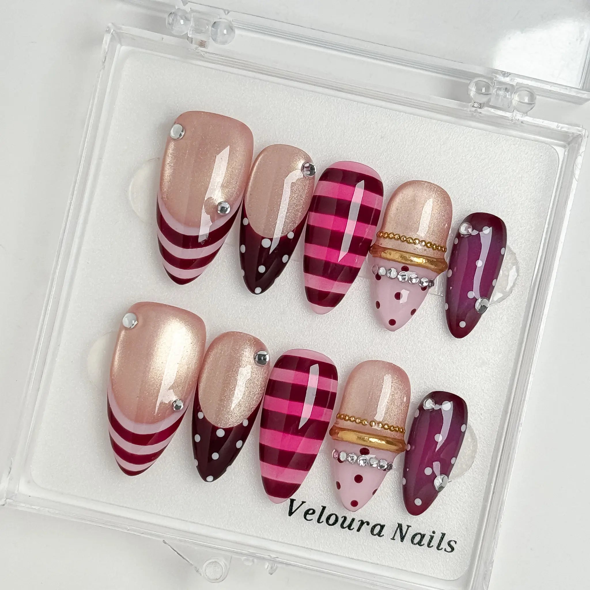 Berry Ribbon Gala press-on nails in Pink, Red, Nude, Silver, detail view 4