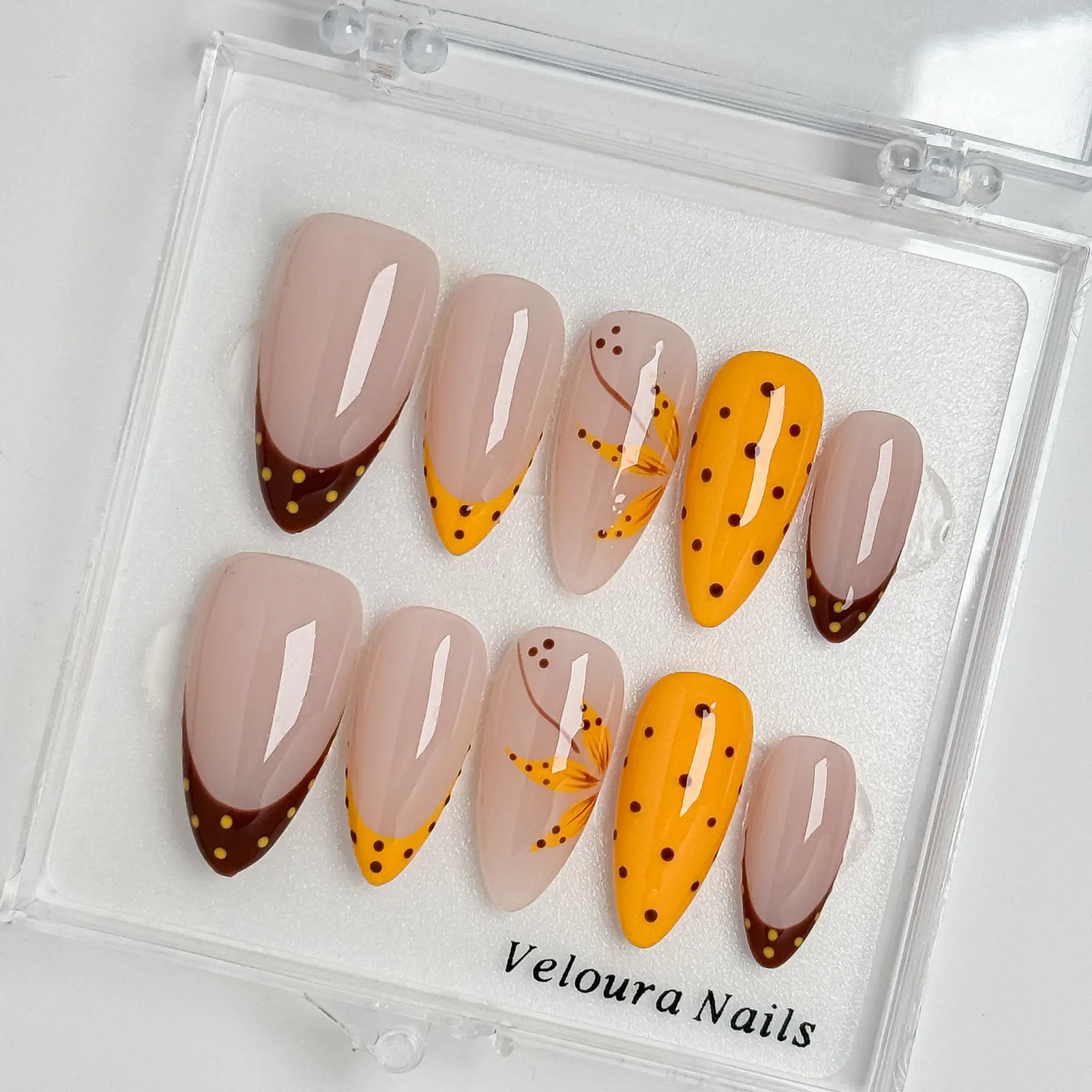 Amber Dot Whimsy press-on nails in Nude, Orange, Brown, detail view 4