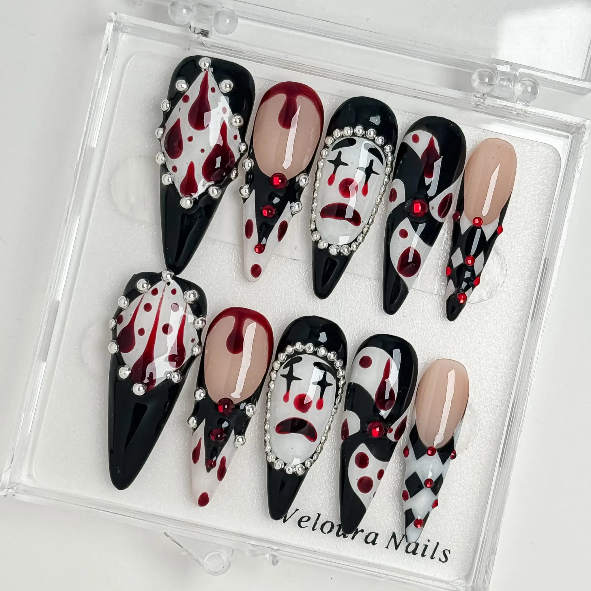 Crimson Harlequin Jewel press-on nails in Black, Red, White, Silver, detail view 4