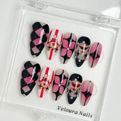 Velvet Jester Star press-on nails in Black, Pink, Red, White, detail view 4