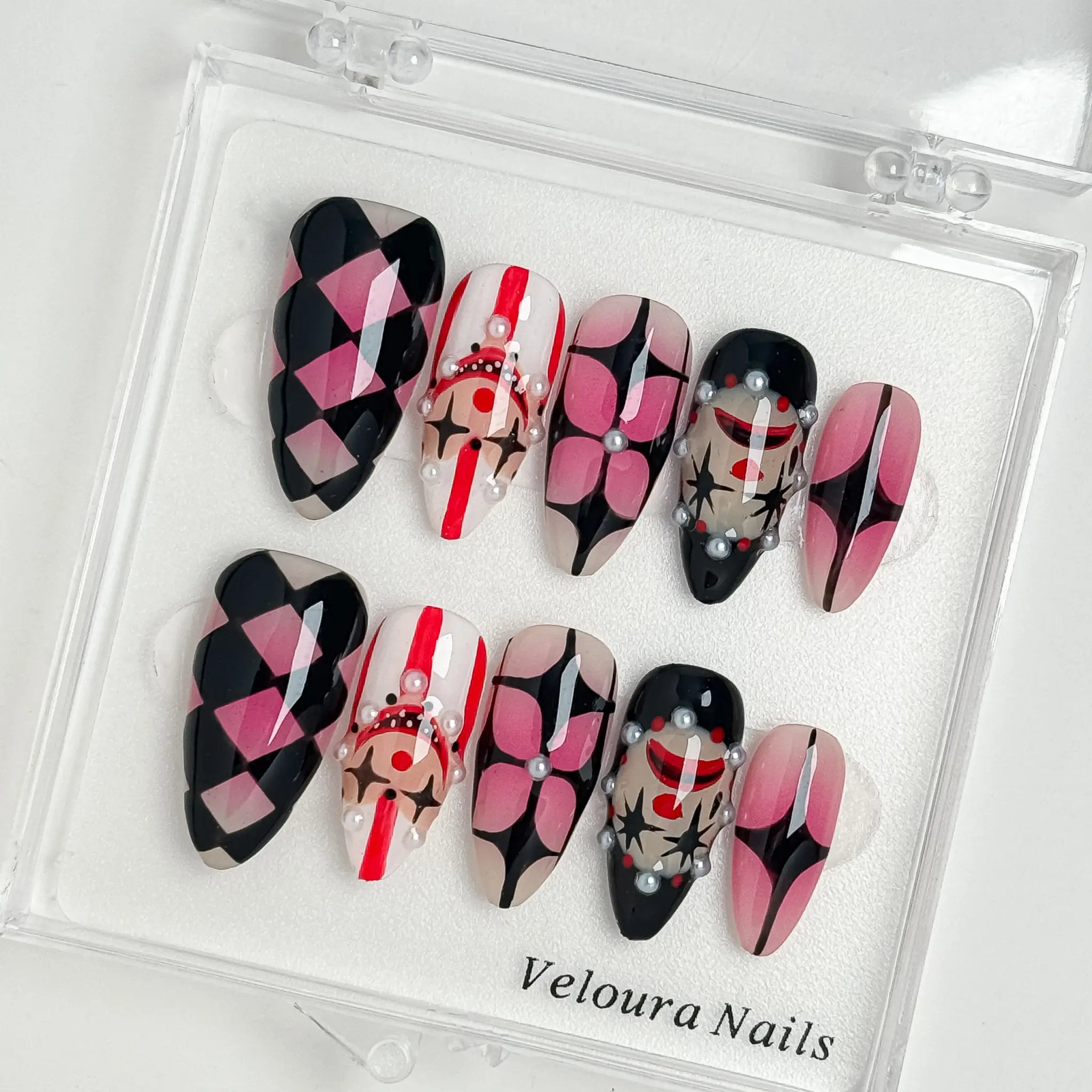 Velvet Jester Star press-on nails in Black, Pink, Red, White, detail view 4