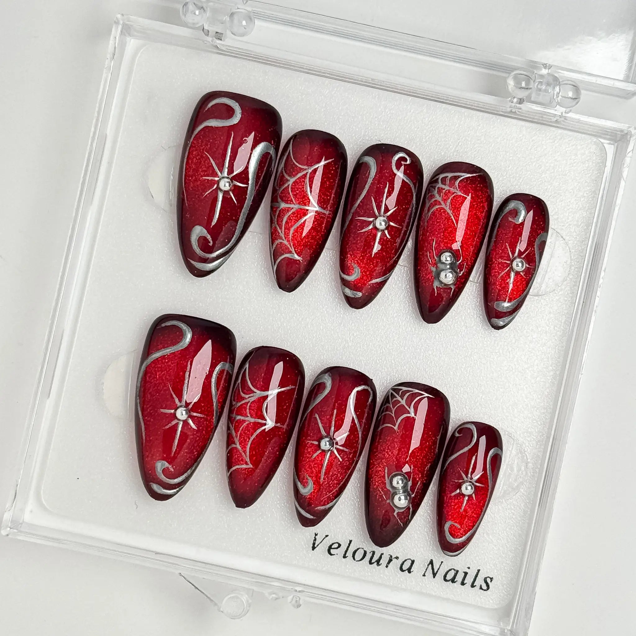 Ruby Web Enchantment press-on nails in Red, Black, Silver, detail view 5