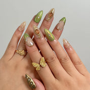 Olive Celestial Relic press-on nails in Green, Gold, Nude, detail view 3