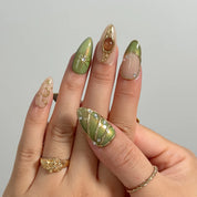 Olive Celestial Relic press-on nails in Green, Gold, Nude, detail view 2