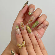 Olive Celestial Relic press-on nails in Green, Gold, Nude, detail view 4