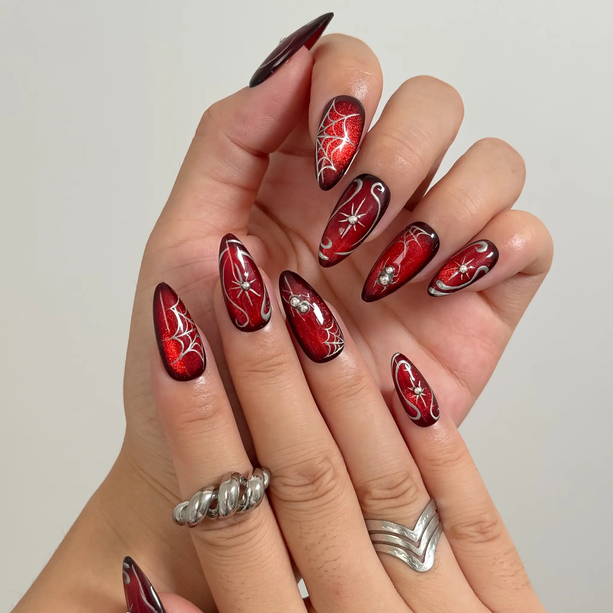 Ruby Web Enchantment press-on nails in Red, Black, Silver, detail view 1