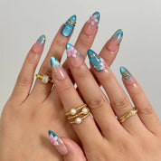 Lagoon Petal Treasure press-on nails in Blue, Pink, Gold, Nude, detail view 2