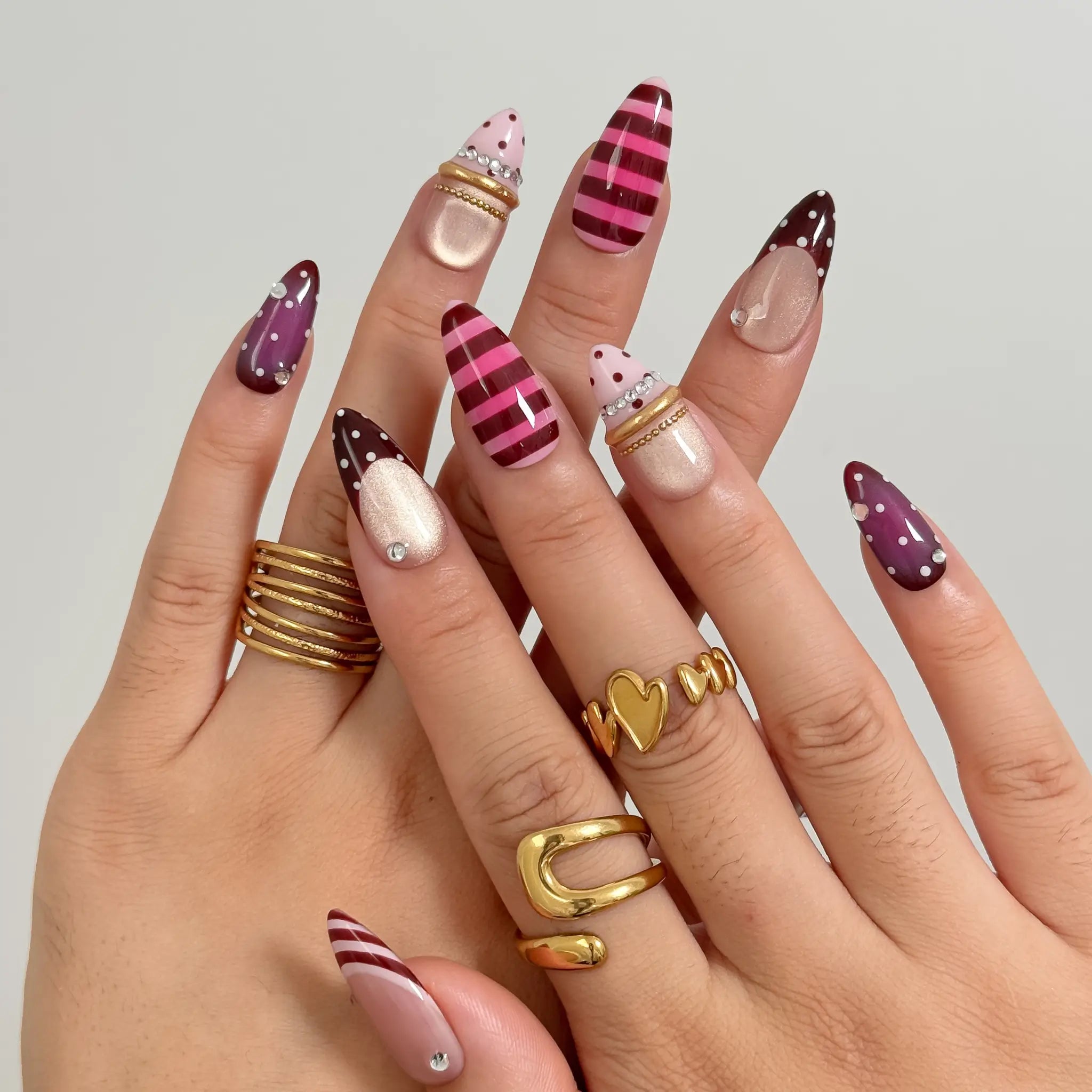 Berry Ribbon Gala press-on nails in Pink, Red, Nude, Silver, detail view 2