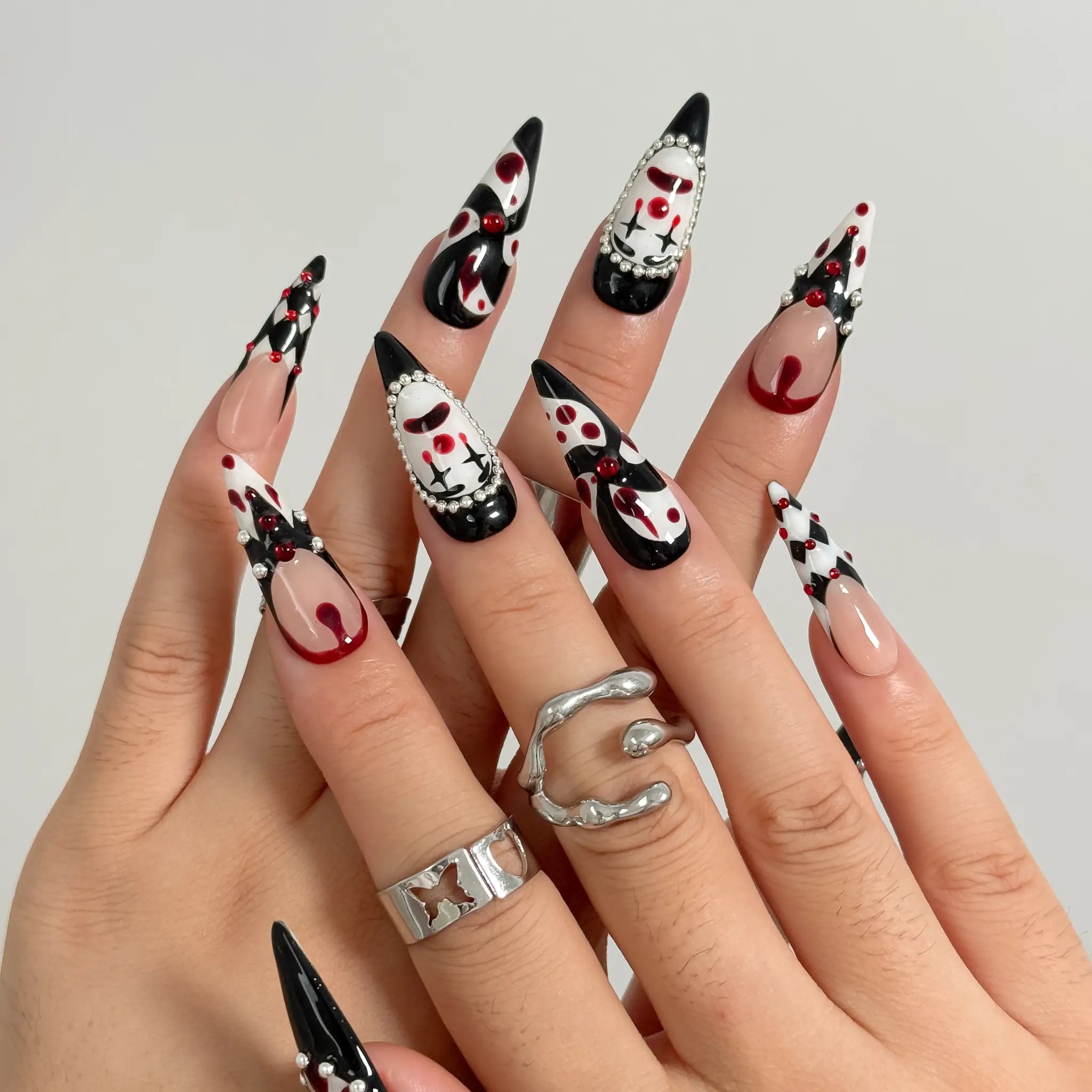 Crimson Harlequin Jewel press-on nails in Black, Red, White, Silver, detail view 3