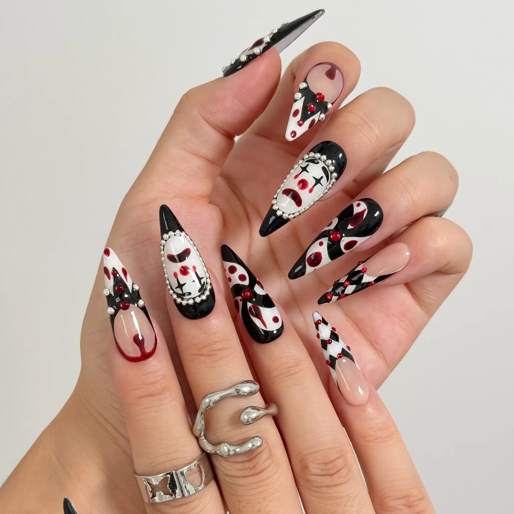 Crimson Harlequin Jewel press-on nails in Black, Red, White, Silver, detail view 1