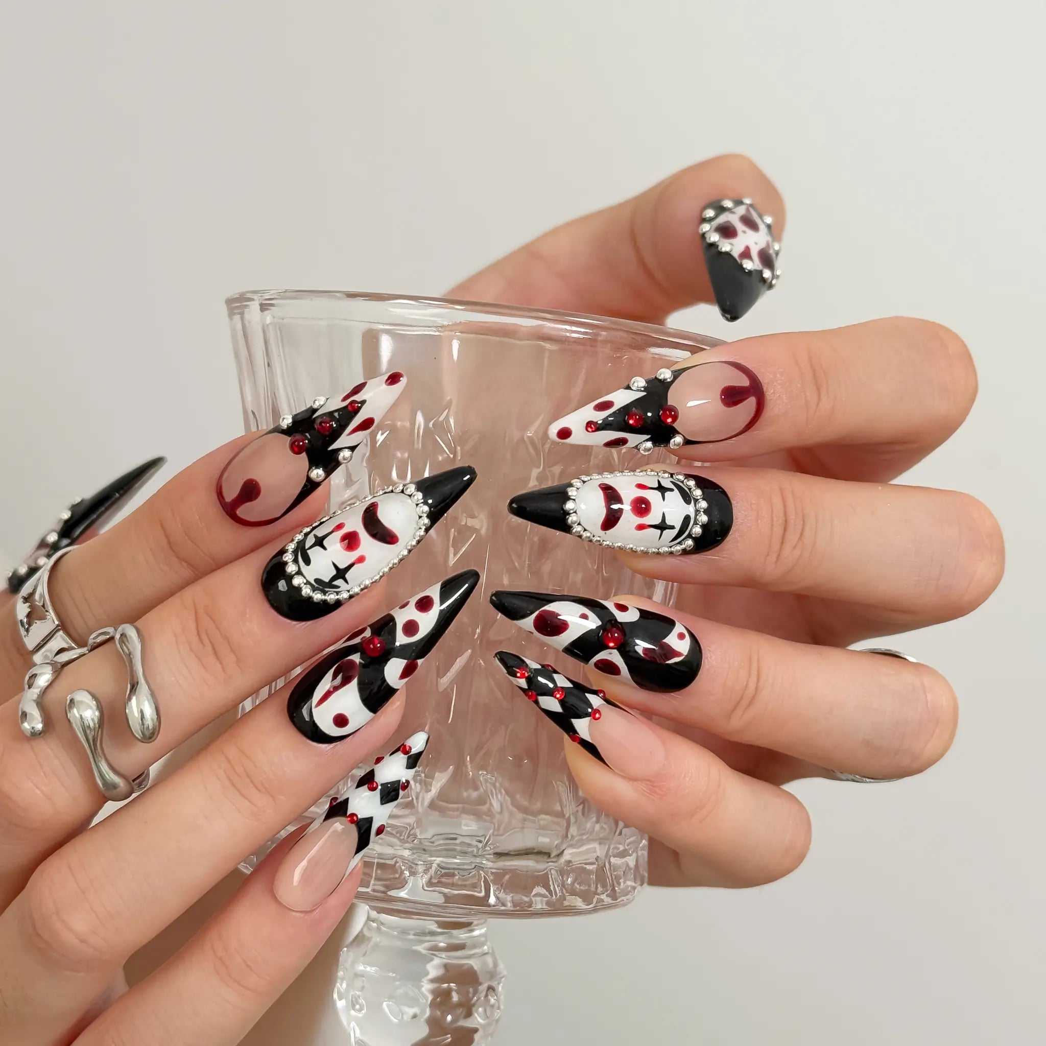 Crimson Harlequin Jewel press-on nails in Black, Red, White, Silver, detail view 2