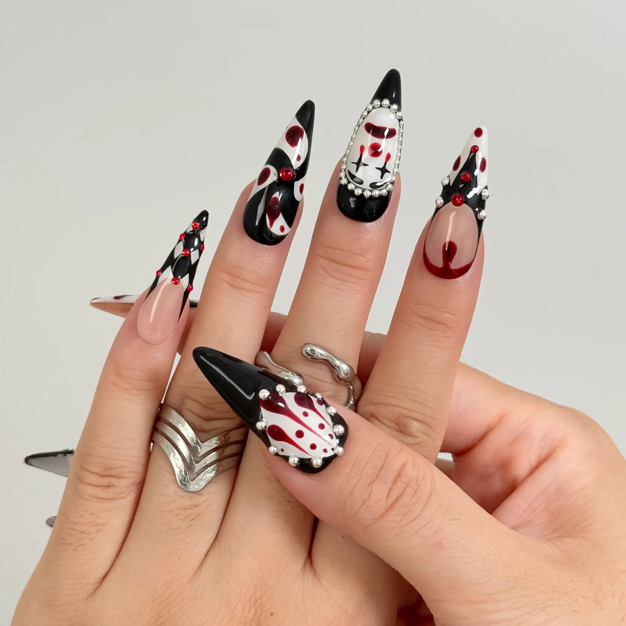 Crimson Harlequin Jewel press-on nails in Black, Red, White, Silver, detail view 5