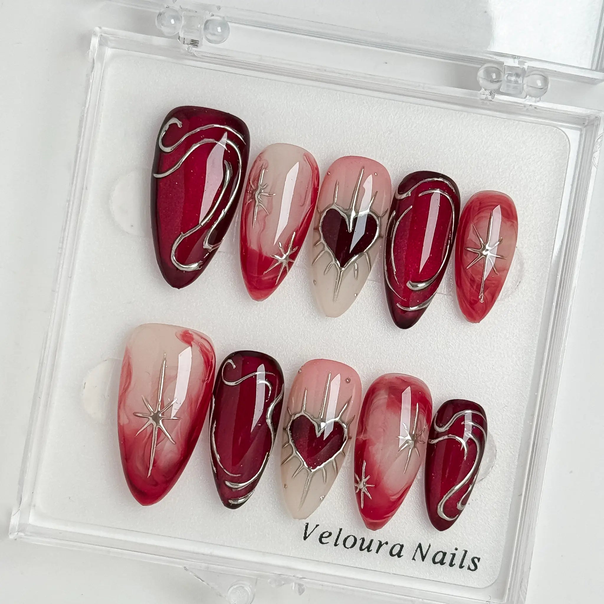 Scarlet Heart Orbit press-on nails in Red, Nude, Silver, detail view 1