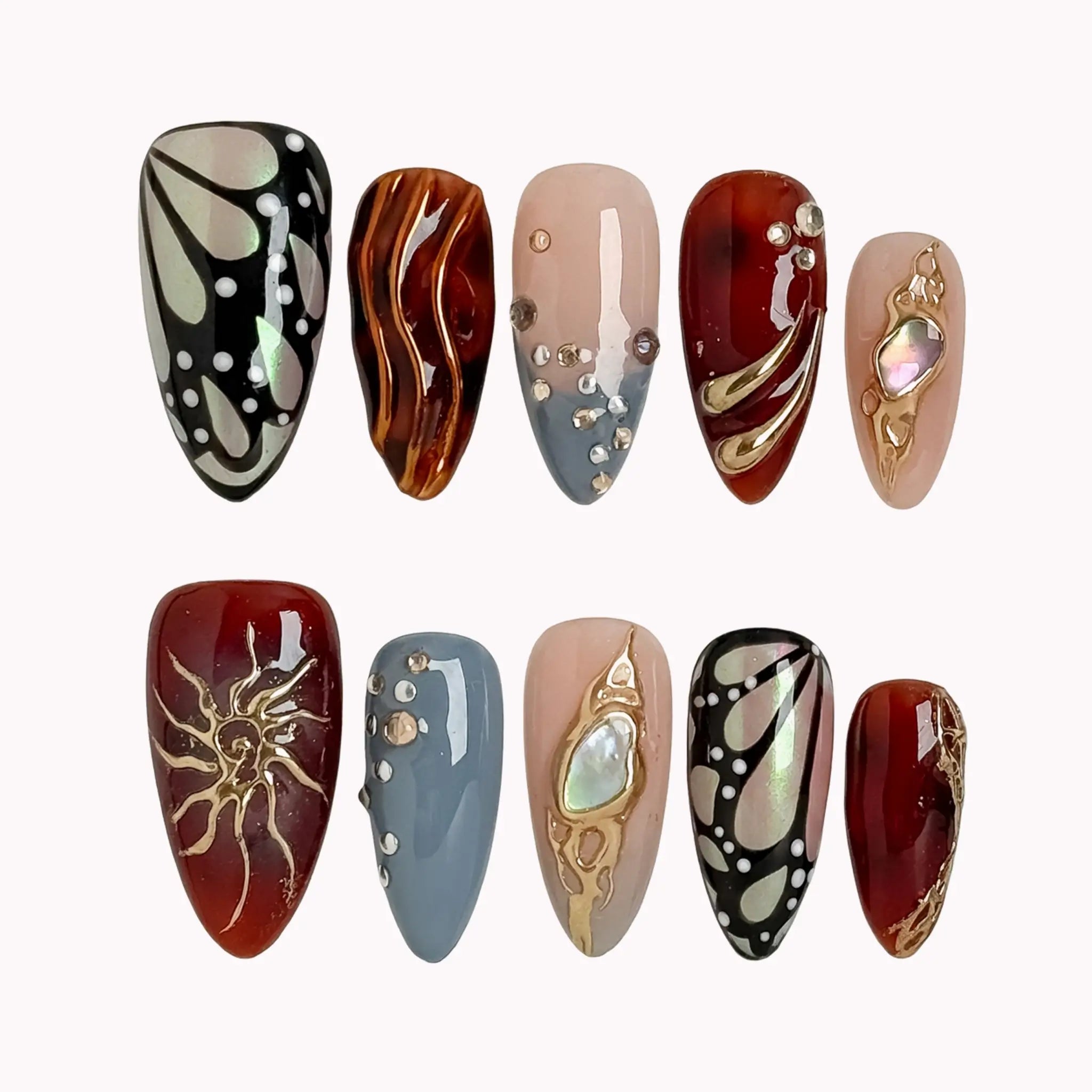 Opal Ember Orbit press-on nails in Nude, Red, Blue, Gold on a white background