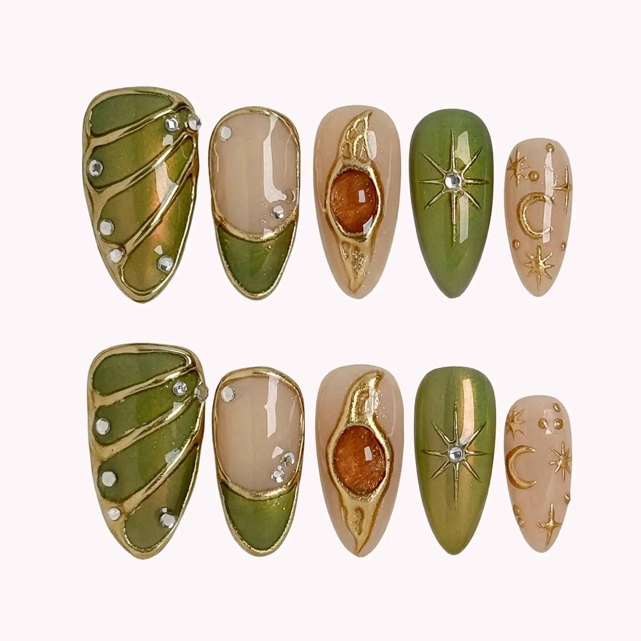 Olive Celestial Relic press-on nails in Green, Gold, Nude on a white background