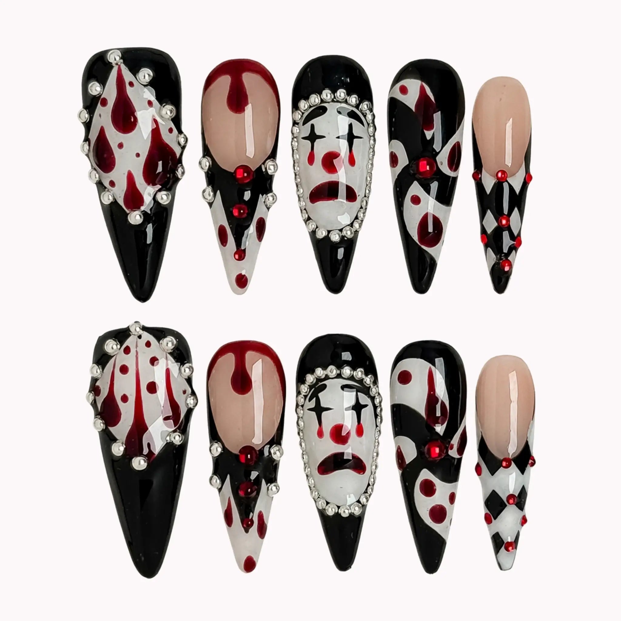 Crimson Harlequin Jewel press-on nails in Black, Red, White, Silver on a white background