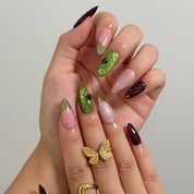 Monarch Meadow Magic Long Almond press-on nails, modeled detail view 2