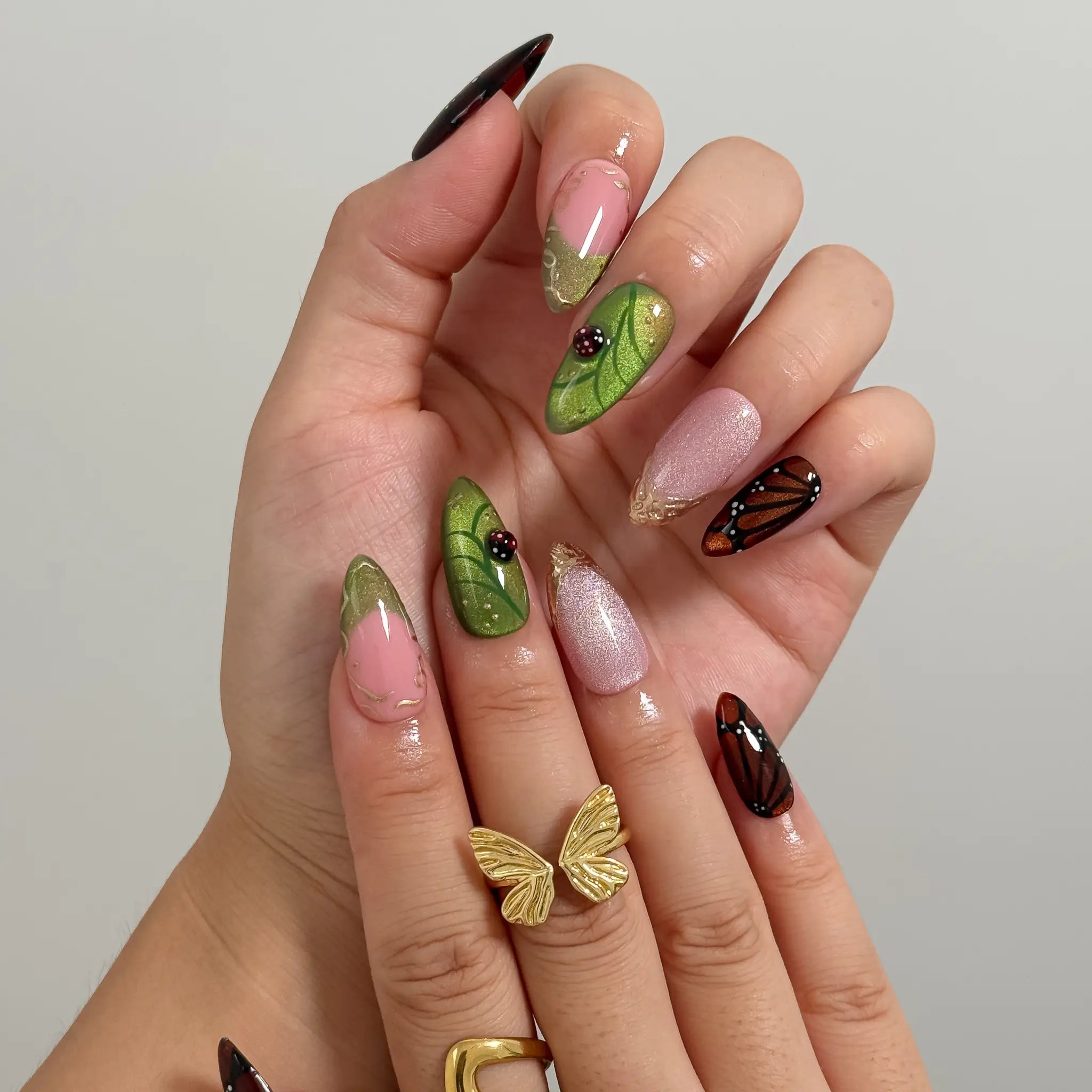 Monarch Meadow Magic Long Almond press-on nails, modeled detail view 2