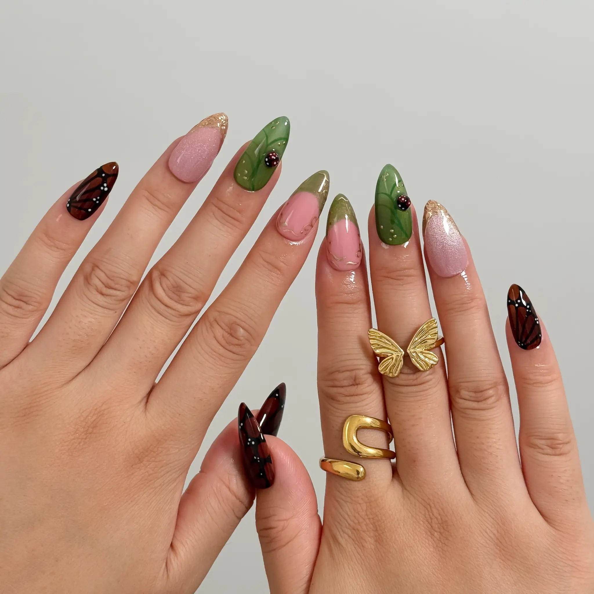 Monarch Meadow Magic Long Almond press-on nails, modeled detail view 3