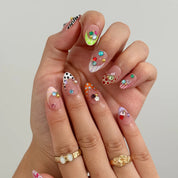 Candy Gem Parade Long Almond press-on nails, modeled detail view 2