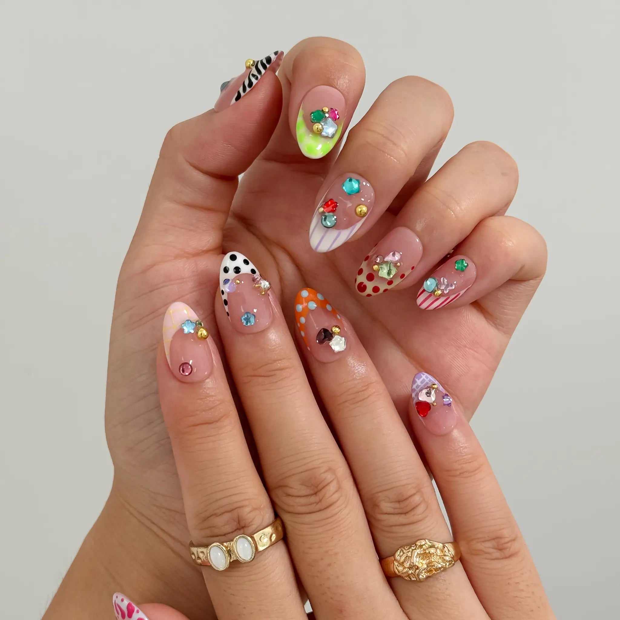 Candy Gem Parade Long Almond press-on nails, modeled detail view 2
