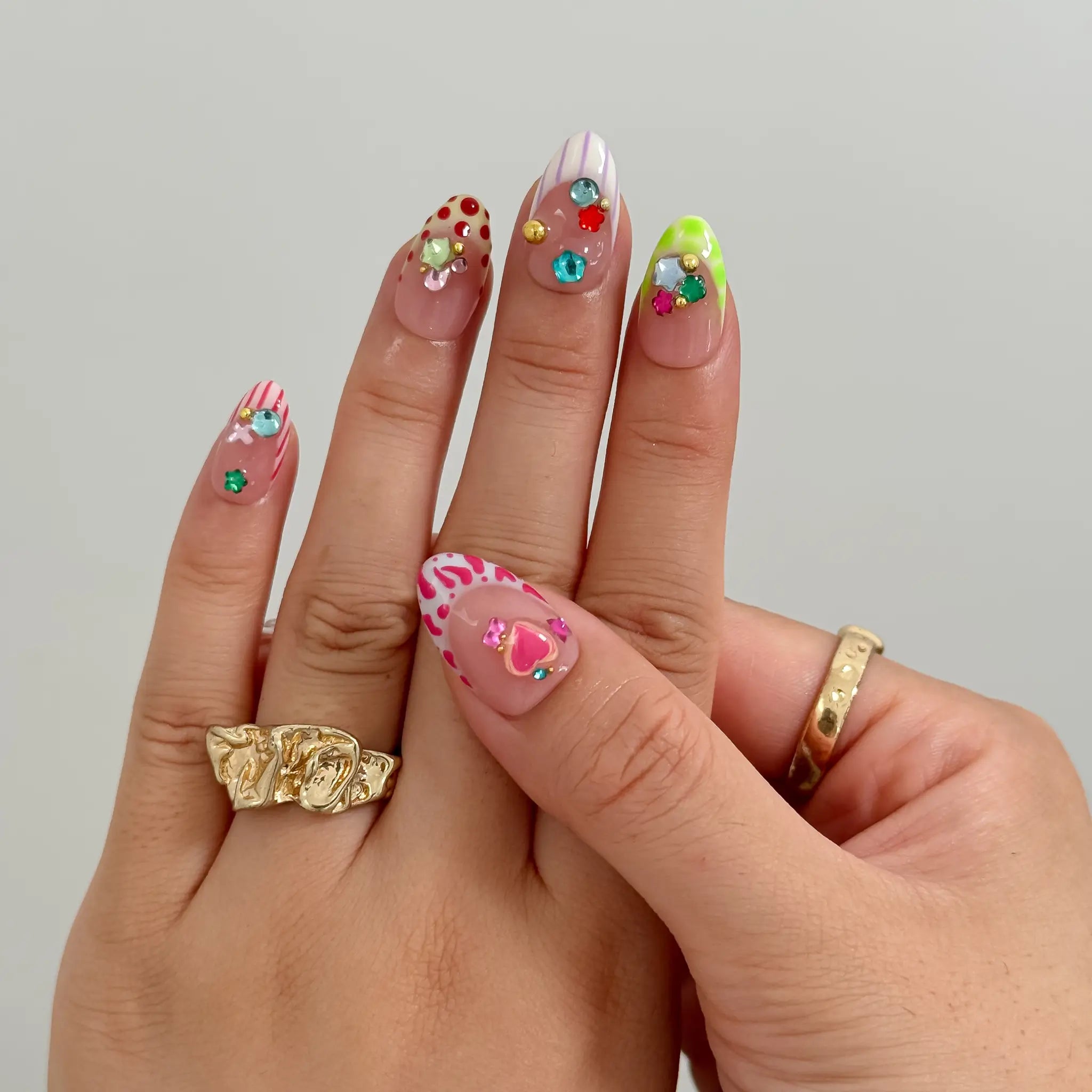 Candy Gem Parade Long Almond press-on nails, modeled detail view 3