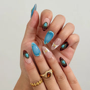 Turquoise Talisman Long Almond press-on nails, modeled detail view 2