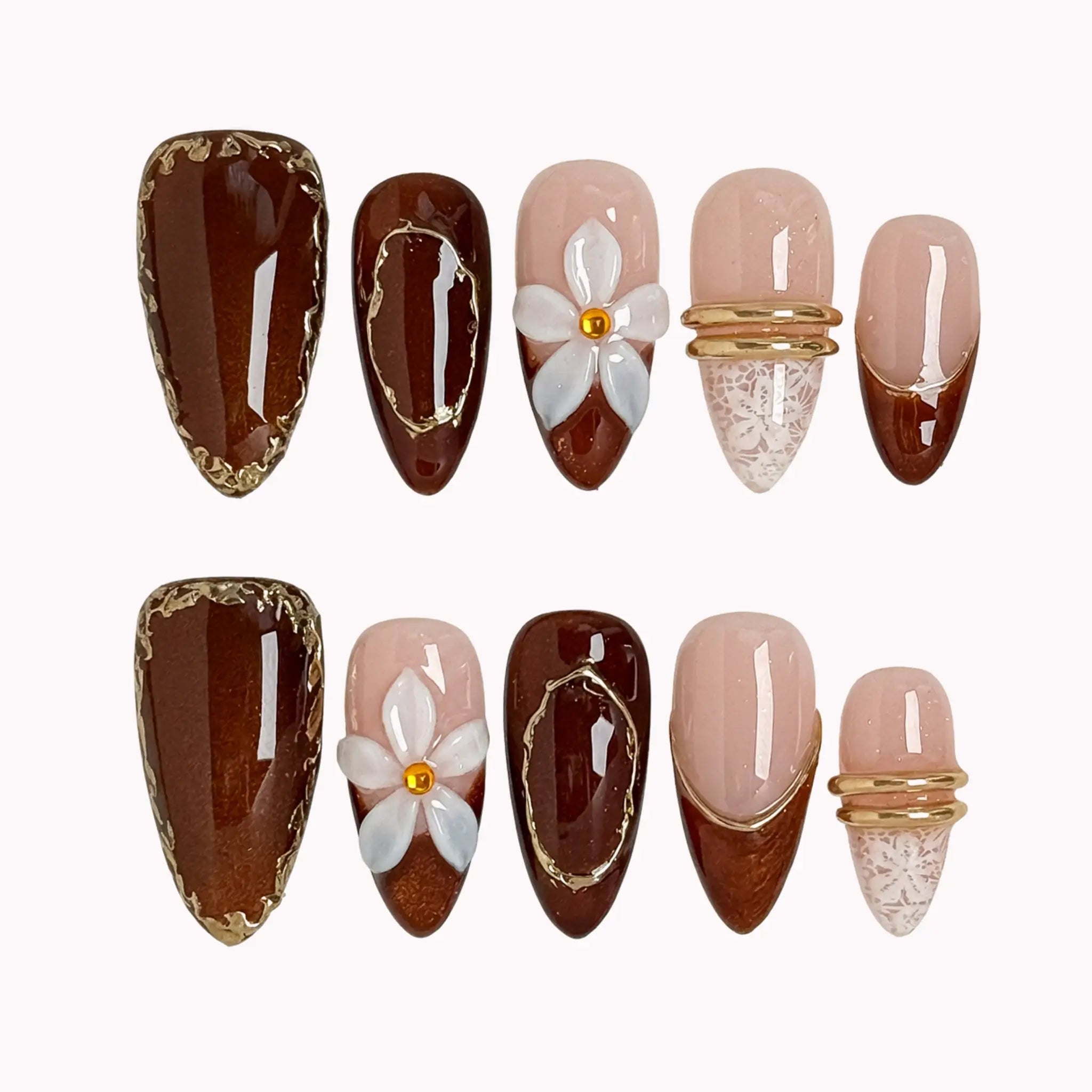 Mocha Blossom Lace press-on nails in Brown, Nude, White, Gold on a white background