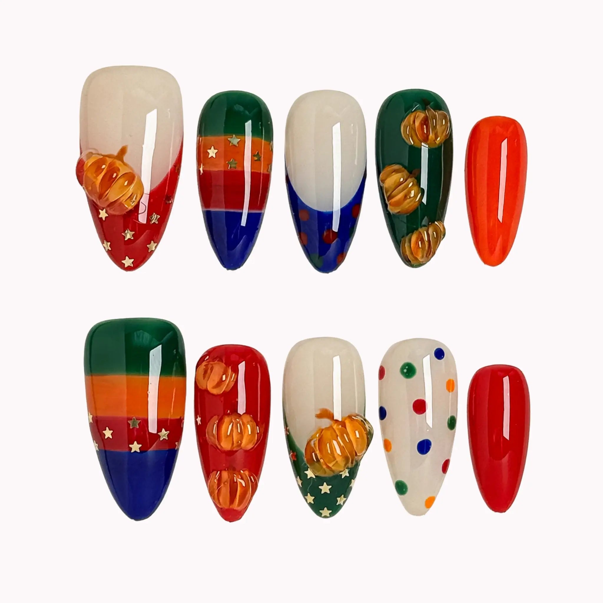 Pumpkin Parade Pop press-on nails in Red, Orange, Green, Blue, Nude, Gold on a white background