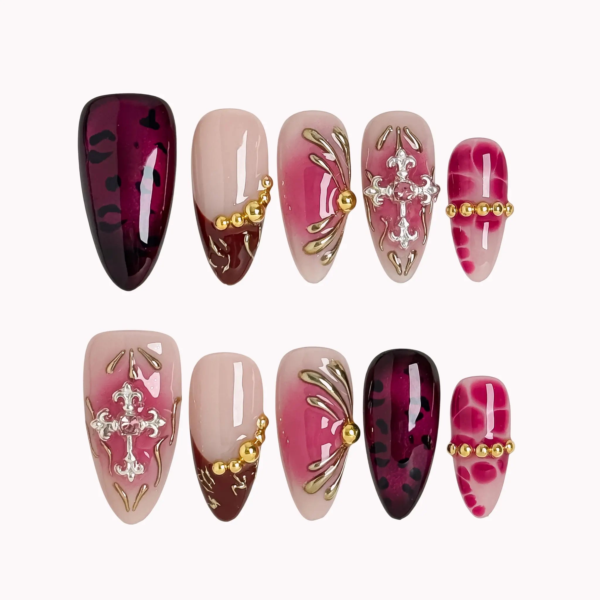 Crimson Rosary Bloom press-on nails in Pink, Red, Purple, Nude, Gold, Silver on a white background