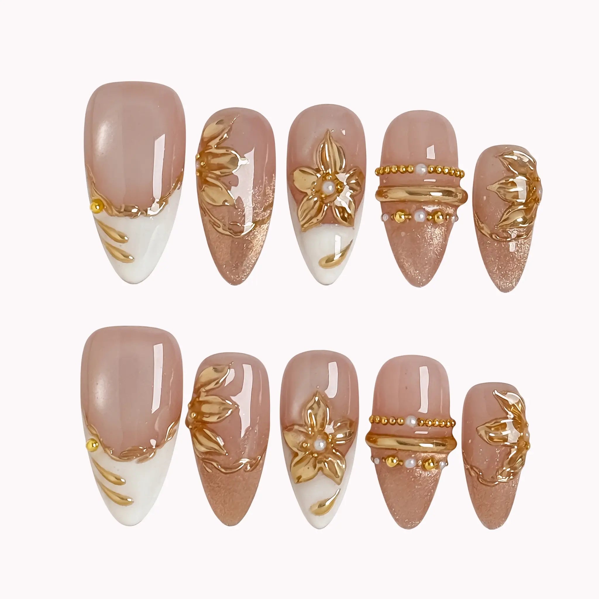 Gilded Magnolia Veil press-on nails in Nude, White, Gold on a white background