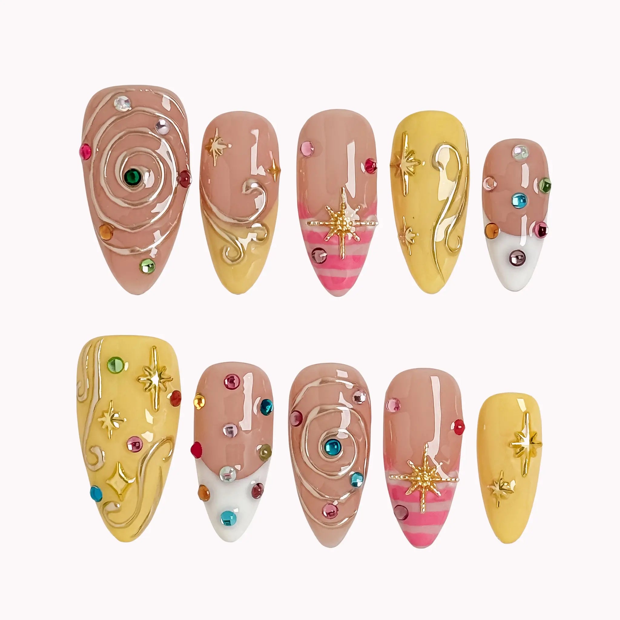 Candy Orbit Charms press-on nails in Nude, Yellow, Pink, White, Gold, Green, Blue on a white background