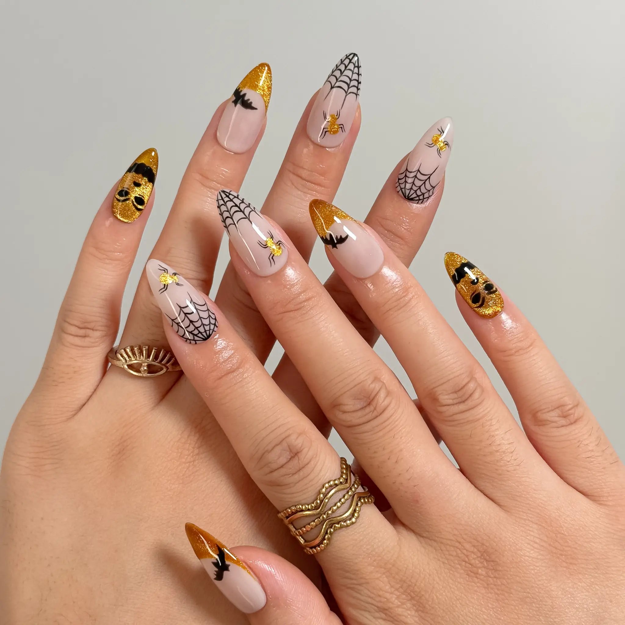 Gilded Web Masquerade Long Coffin press-on nails, modeled detail view 1
