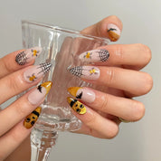 Gilded Web Masquerade Long Coffin press-on nails, modeled detail view 2