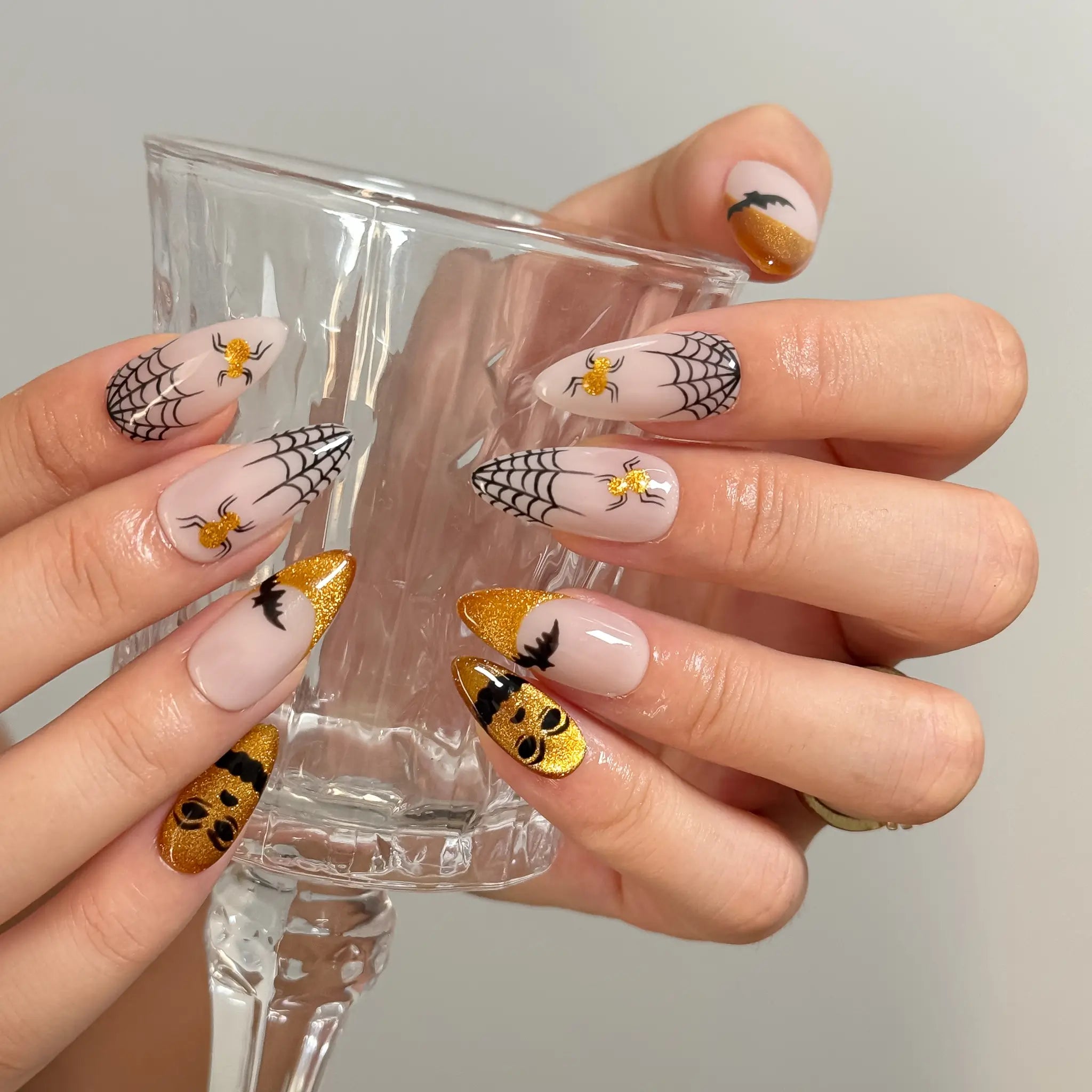 Gilded Web Masquerade Long Coffin press-on nails, modeled detail view 2