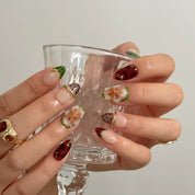 Orchard Truffle Bloom Long Almond press-on nails, modeled detail view 2