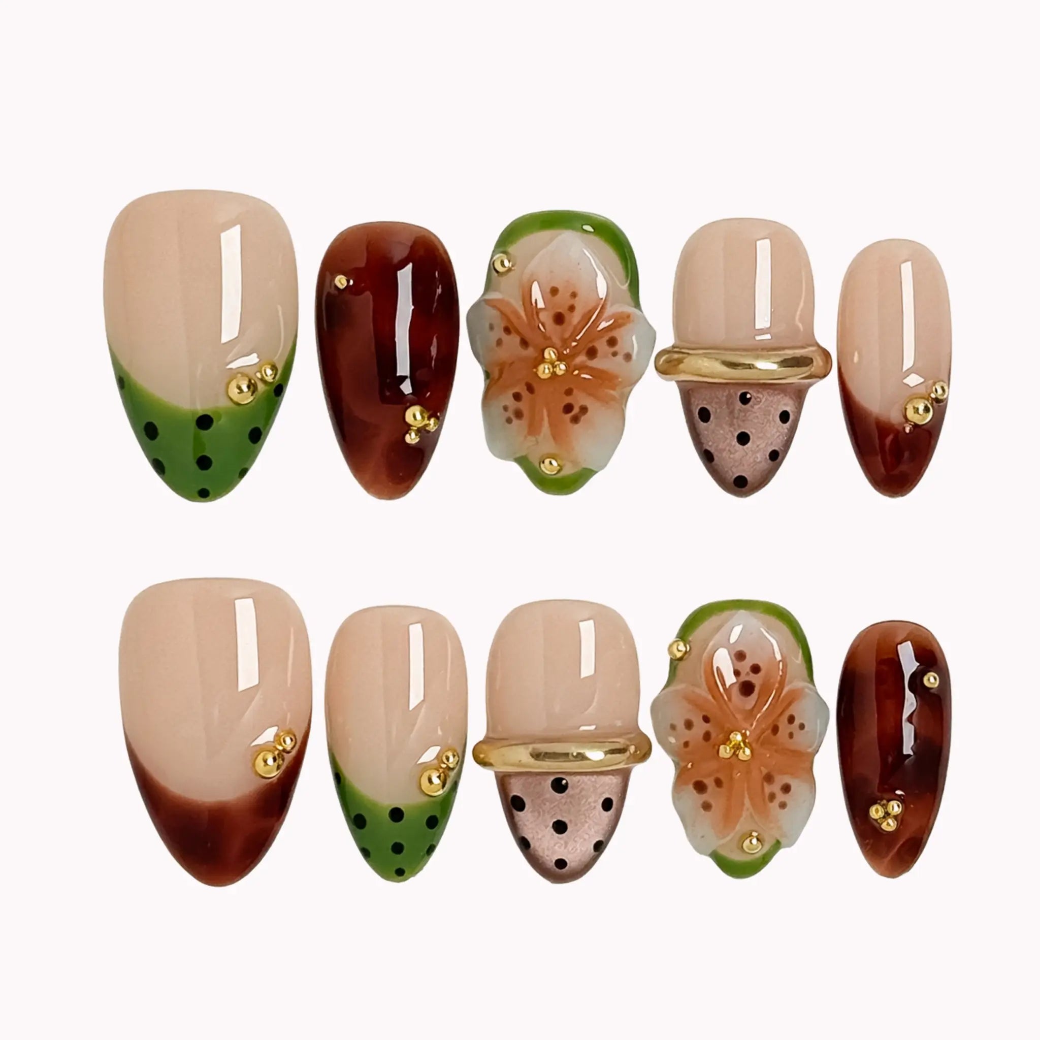 Orchard Truffle Bloom press-on nails in Nude, Green, Brown, Gold on a white background