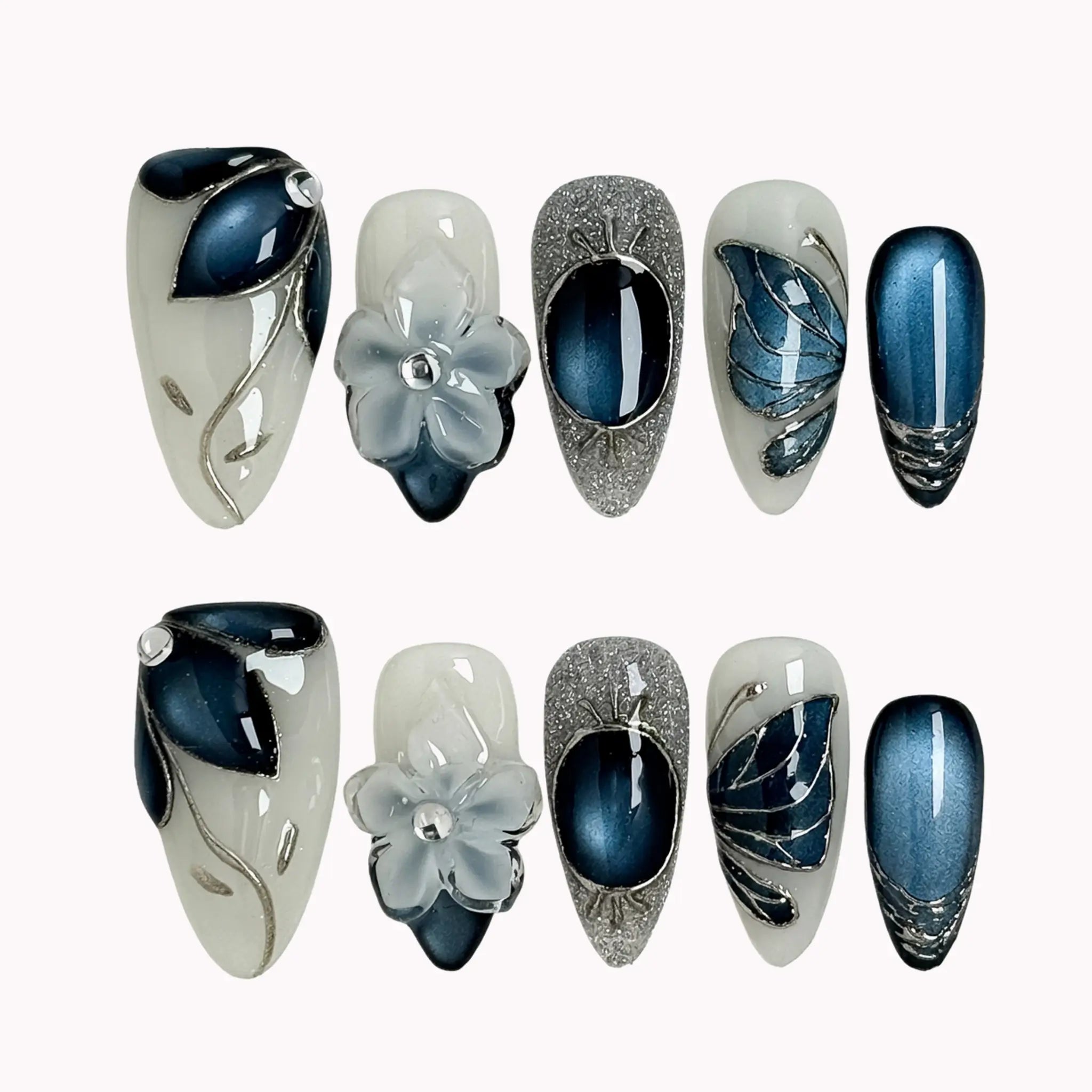 Midnight Petal Sonata press-on nails in Blue, White, Silver on a white background