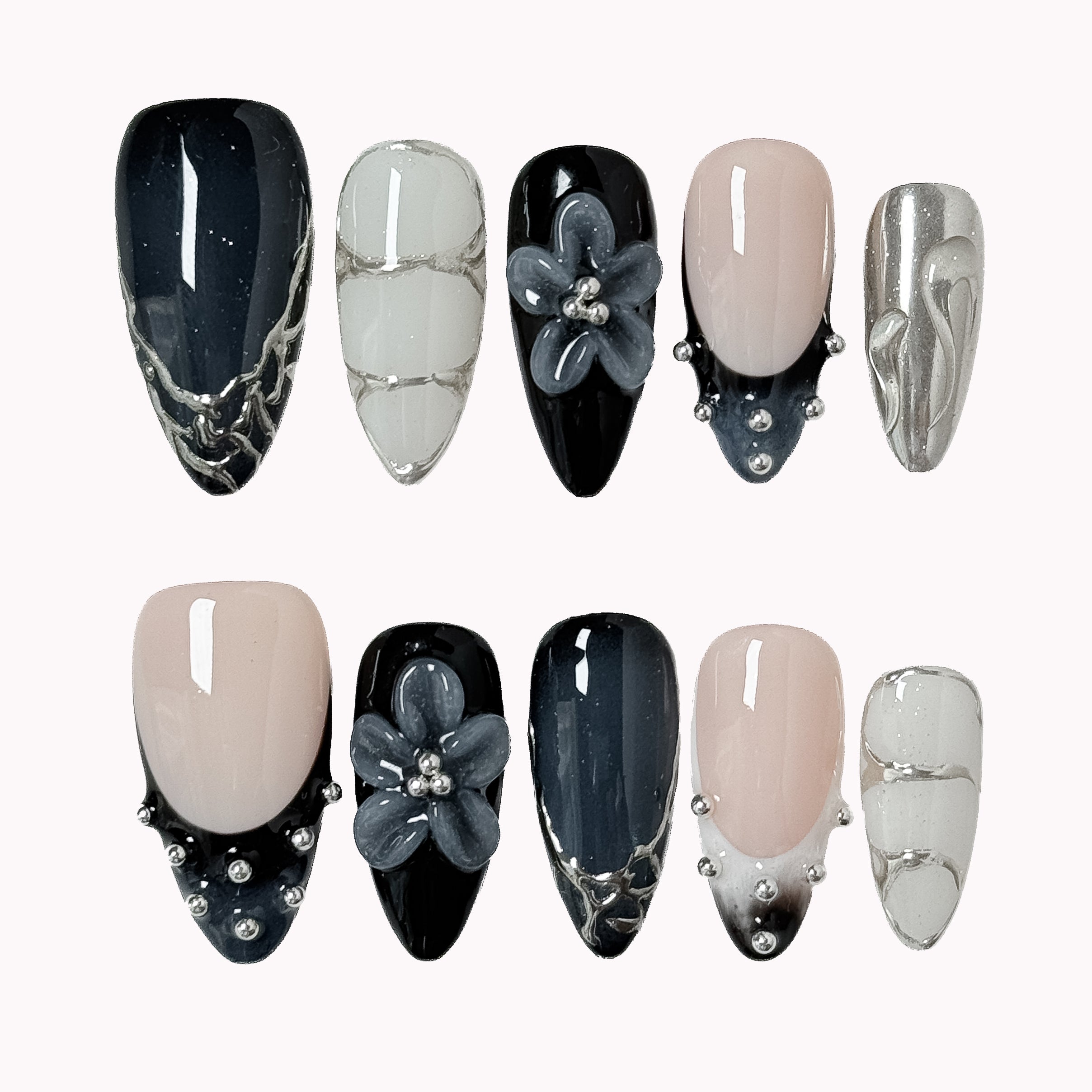 Midnight Alloy Bloom reusable press-on nail set