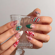 Peppermint Tree Parade Long Almond press-on nails, modeled detail view 2