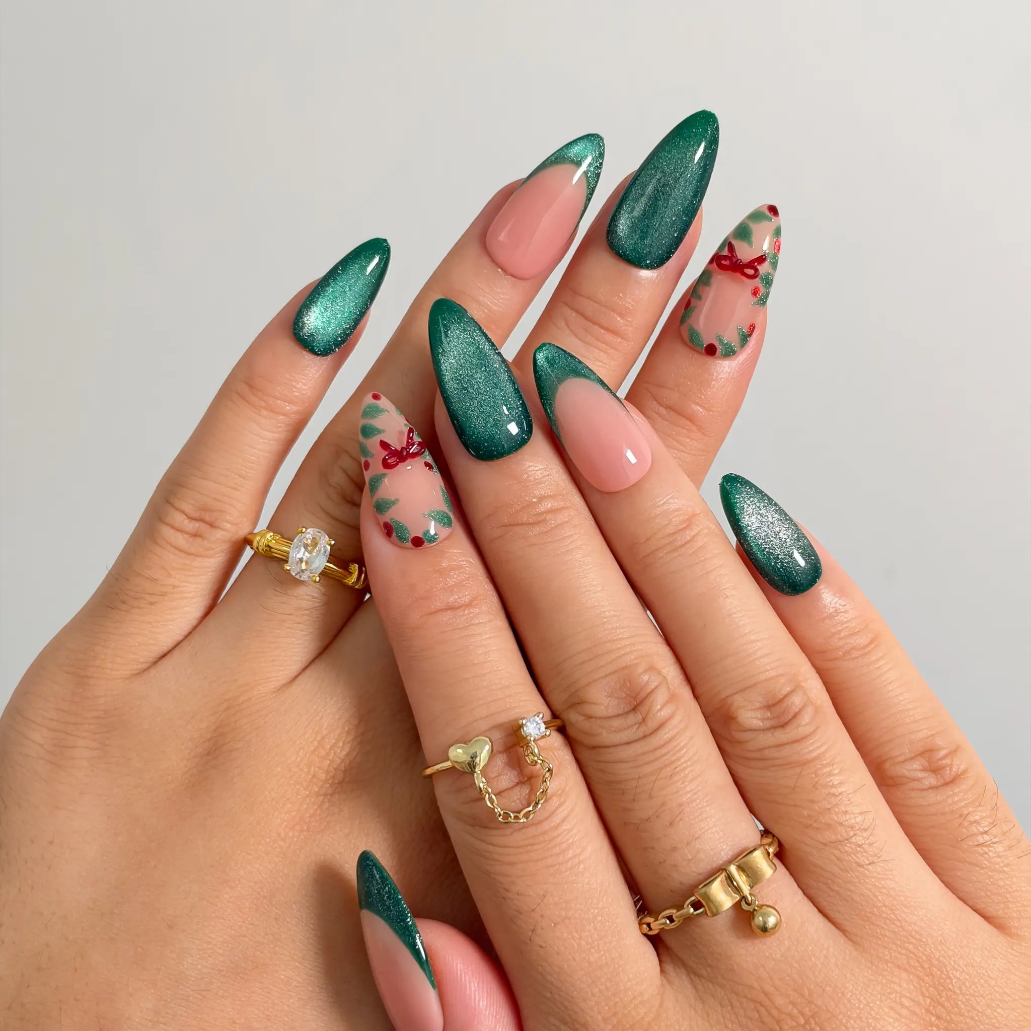 Evergreen Ribbon Spark press-on nails shown on hand
