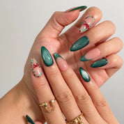 Evergreen Ribbon Spark Long Almond press-on nails, modeled detail view 1