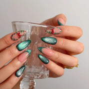 Evergreen Ribbon Spark Long Almond press-on nails, modeled detail view 2