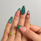 Evergreen Ribbon Spark Long Almond press-on nails, modeled detail view 3
